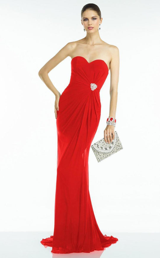 Alyce Paris - Strapless Brooch Accented Bodice Gown in Red