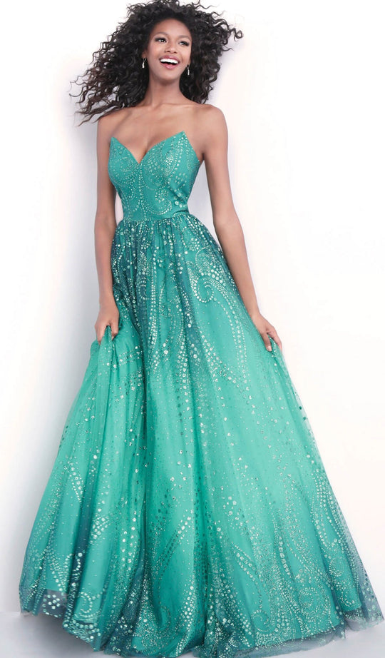 Jovani - 68117 Strapless Embellished Plunging V-neck Ballgown In Green