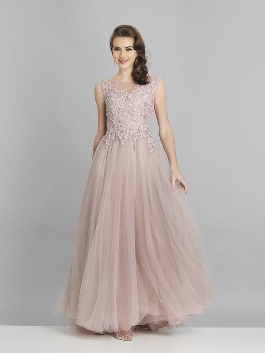 Dave & Johnny - A6819 Floral Appliqued Sleeveless Ethereal Gown In Neutral and Purple