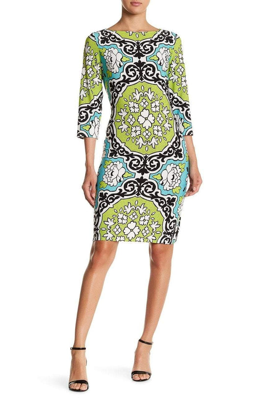 London Times - T2516MJC Floral Damask Sheath Dress in Blue and Green
