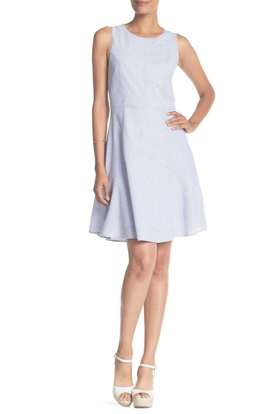 Nina Leonard - L5358A Sleeveless, Jewel A-line Dress in Blue and White