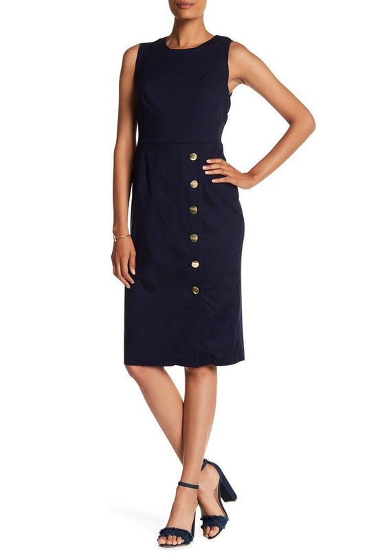 Nina Leonard - L5695A Sleeveless Front Button Sheath Dress in Blue