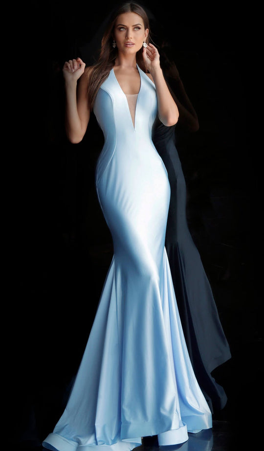 Jovani - 68670 Plunging Illusion Halter Neckline Mermaid Prom Dress in Blue