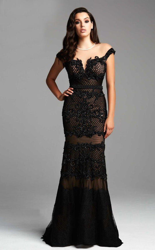 Mac Duggal Couture - 78998 Netted Lace Off Shoulder Sheath Dress In Black and Neutral