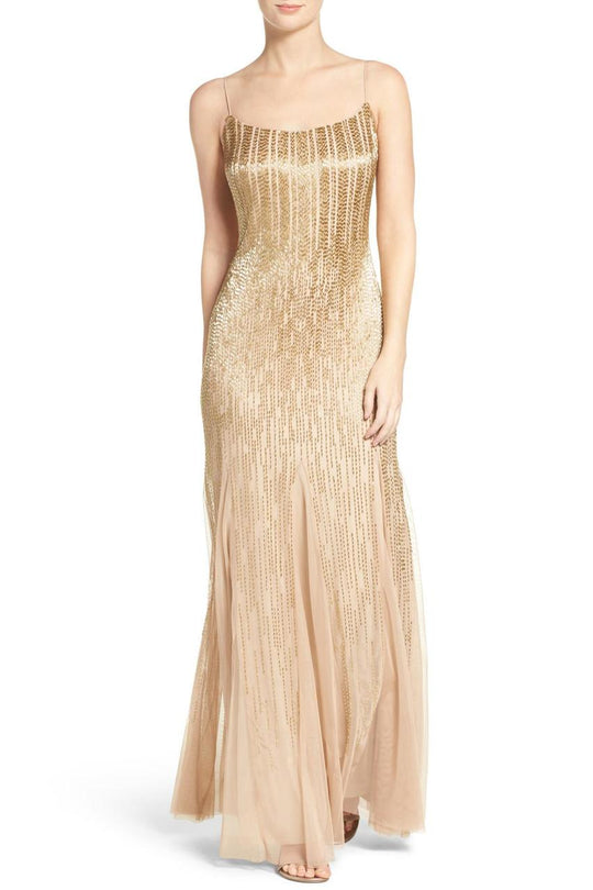 Adrianna Papell - AP1E200530 Beaded Mesh Trumpet Gown in Neutral and Gold