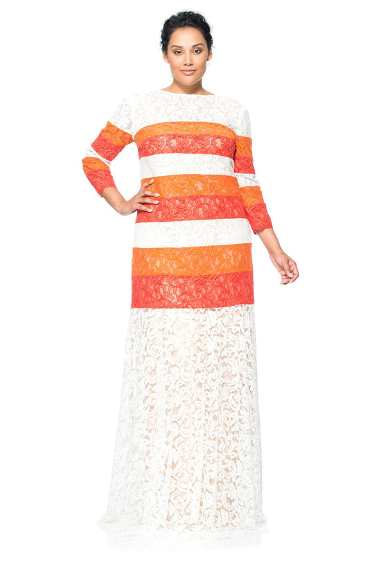 Tadashi Shoji - Long Sleeve Stripe Rendered Lace Gown In Multi-Color