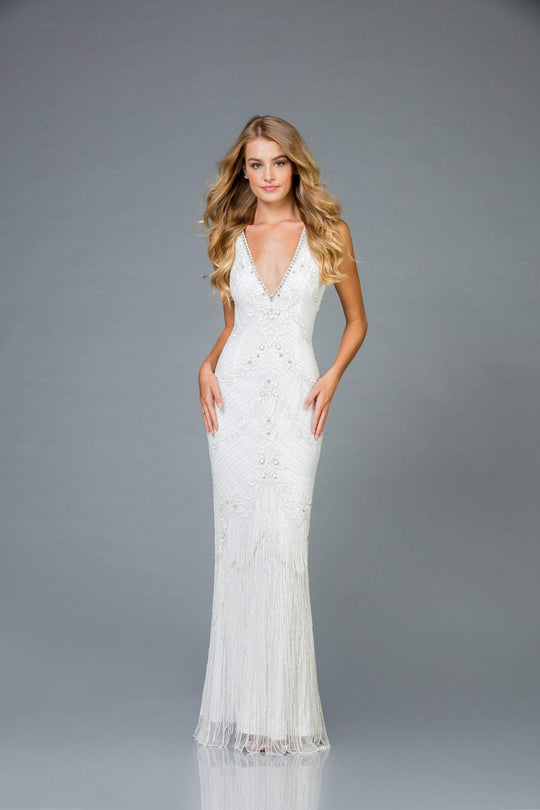 Scala - 48951 Embellished Plunging V-neck Sheath Dress In White
