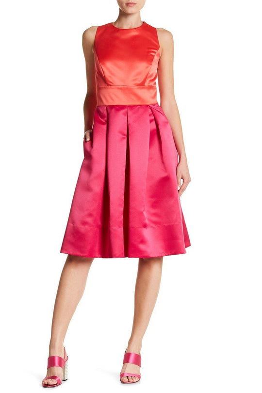 Sangria - SBLV1114 Sleeveless Color Block Satin Dress in Pink and Red