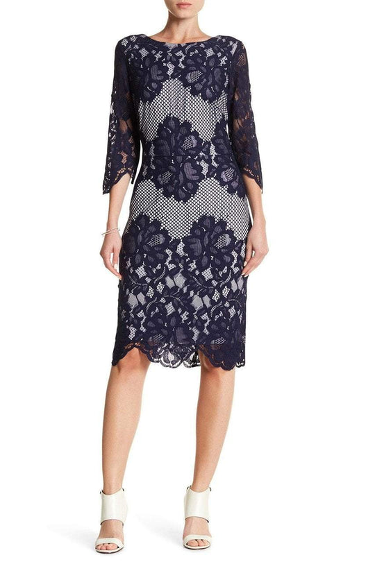 Sangria - SBBU366 Floral Lace Jewel Sheath Dress in Blue
