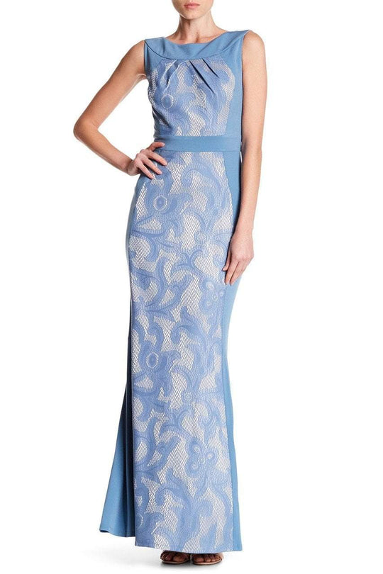 Sangria - DWHGC93 Sleeveless Lace Panel Gown in Blue and Silver