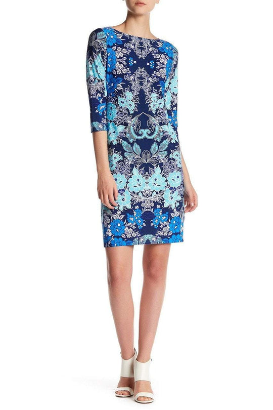 London Times - T2714MNR Quarter Sleeve Bateau Floral Dress in Blue