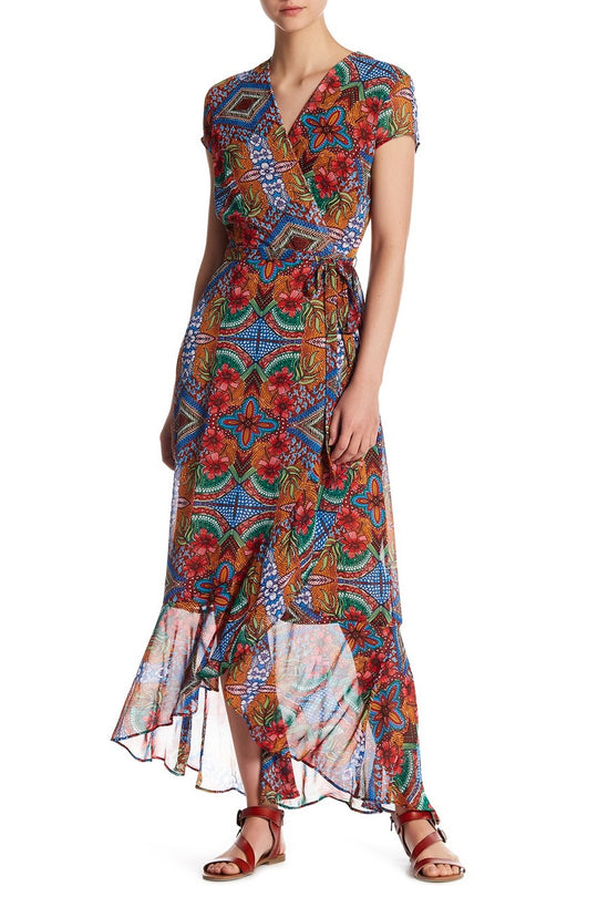 Taylor - 9045MJ Abstract Chiffon Wrap Dress in Multi-Color and Print