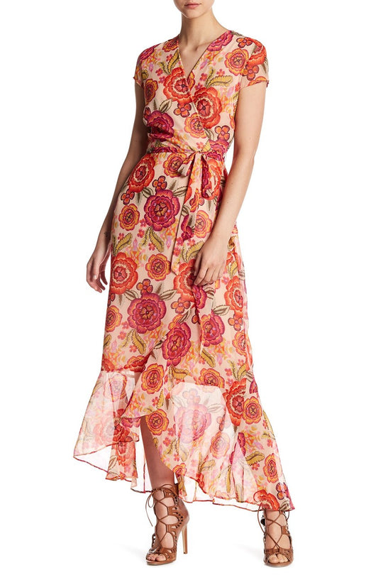 Taylor - 9044MJ Floral Print Faux Wrap Dress in Orange and Print
