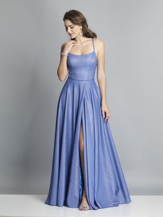 Dave & Johnny - A6933 Pleated A-Line Evening Dress with Slit In Blue