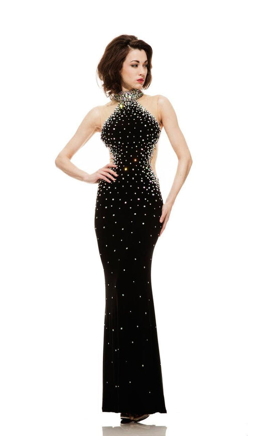 Johnathan Kayne - 6009 Bejeweled Illusion Cutout Gown in Black