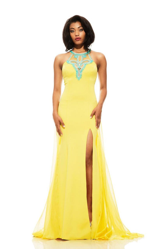 Johnathan Kayne - 6027 Beaded Illusion Halter A-line Dress in Yellow