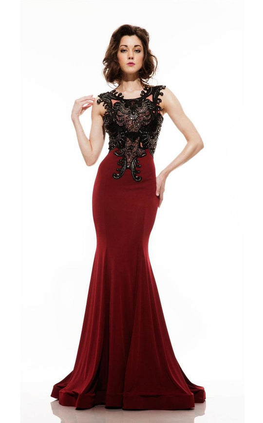 Johnathan Kayne - 6044 Vampy Beaded Lace Up Mermaid Gown in Red