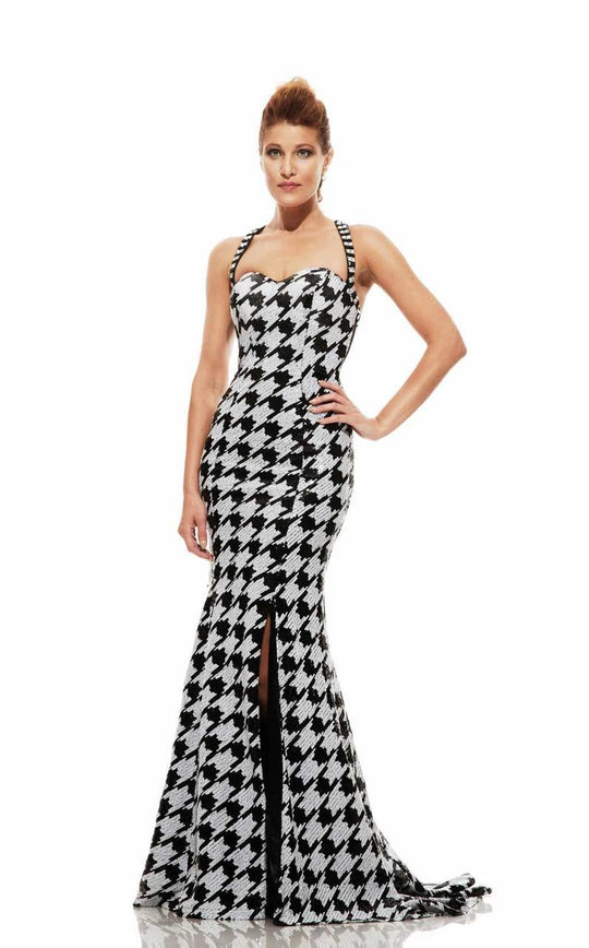 Johnathan Kayne - 6086 Halter Houndstooth Pattern Long Gown in Black and White