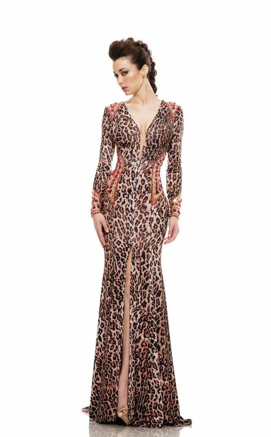 Johnathan Kayne - 6087 Printed Deep V-neck Sheath Dress in Brown and Print