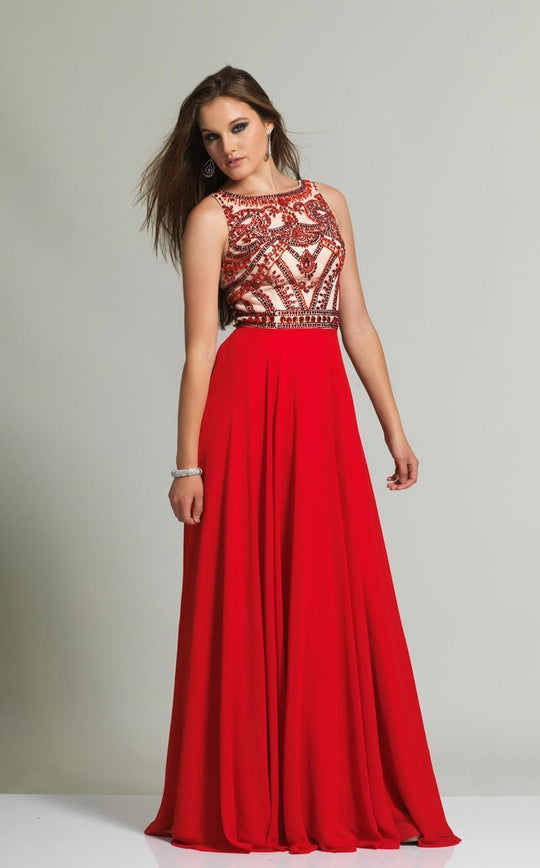 Dave & Johnny - 1417W Stone Embellished Bateau A-line Dress in Red
