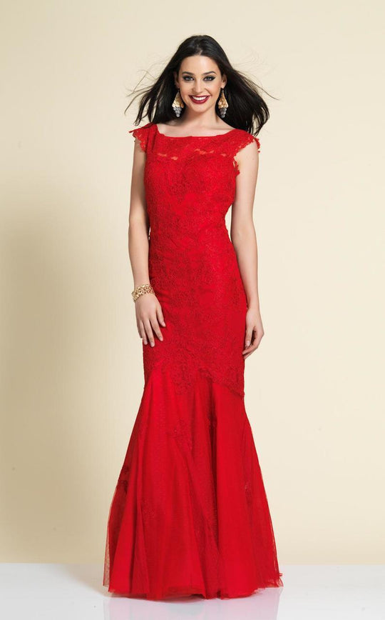 Dave & Johnny - 1937W Cap Sleeve Ornate Lace Trumpet Gown in Red