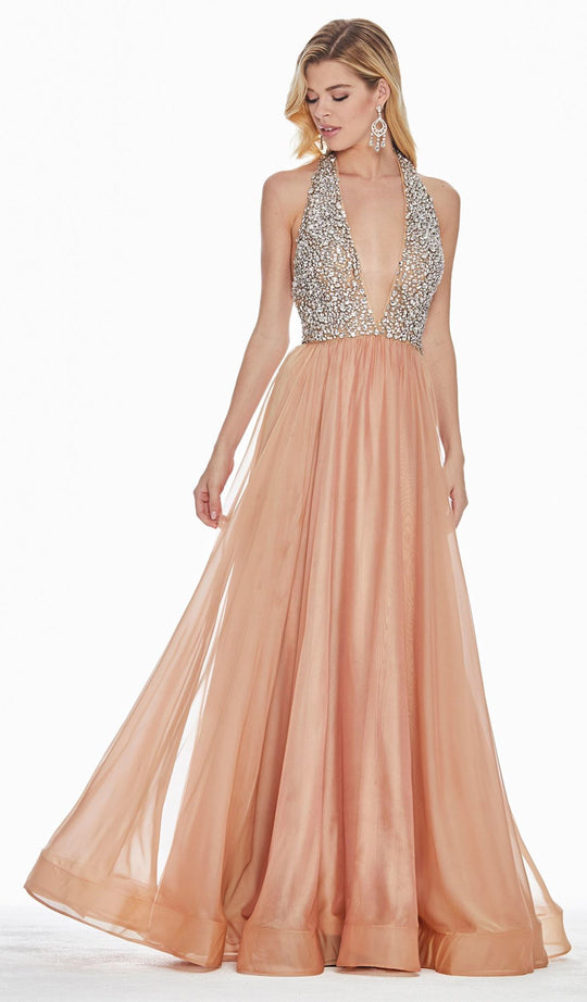 Ashley Lauren - 1391 Crystal Crusted Plunging Halter Chiffon Gown In Pink and Gold