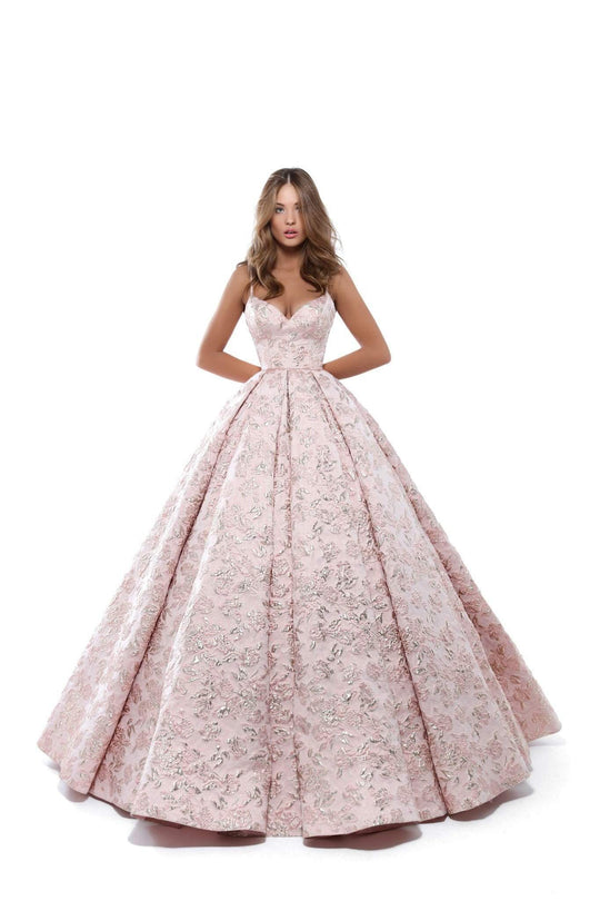 Tarik Ediz - 50404 V-neck Jacquard Pleated Ballgown In Pink