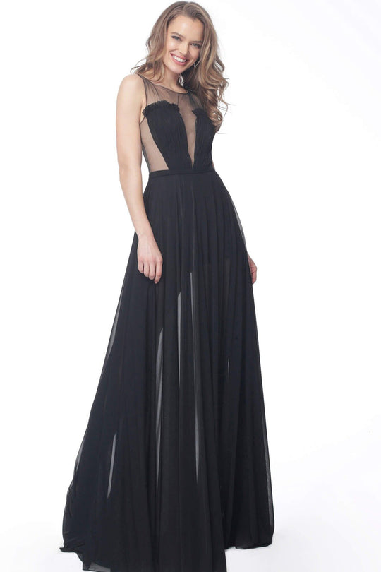 Jovani - 68374 Jewel Neck A-line Long Dress In Black