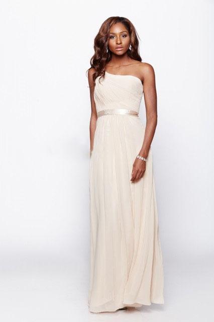 Milano Formals - E1420 One Shoulder Shirred Chiffon Goddess Long Dress in Champagne