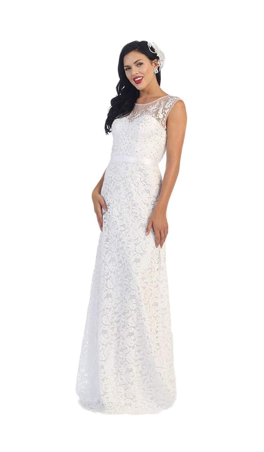 Embroidered Lace Illusion Bateau Long Formal Dress