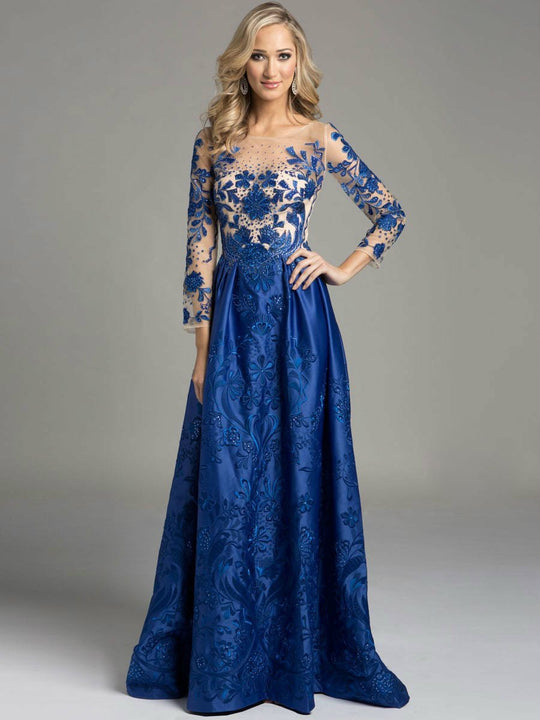 Lara Dresses - Embellished Long Sleeve Bateau Neck Long A-line Gown 33209 In Blue