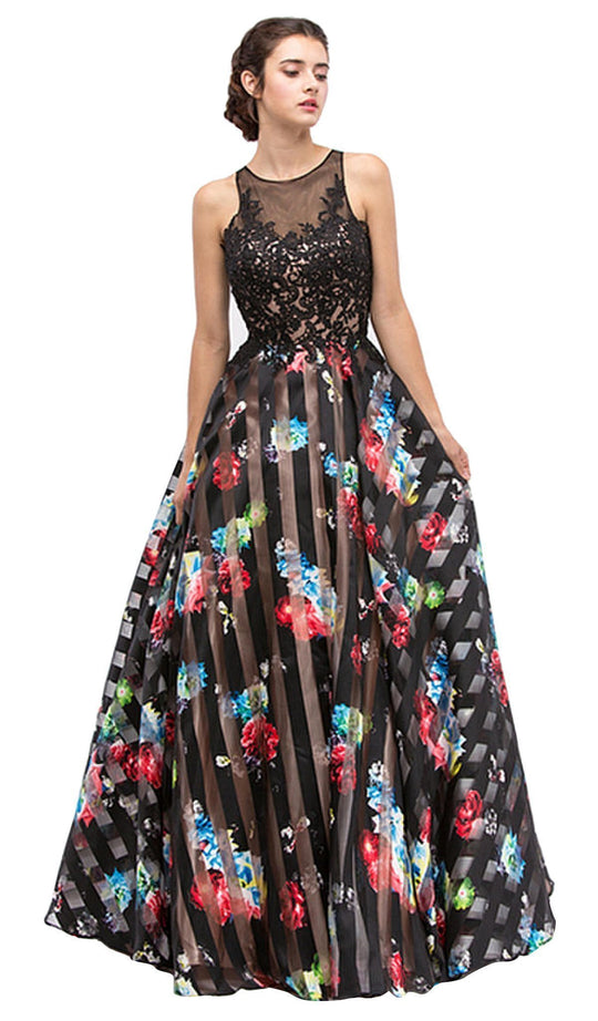 Lace Stripe Floral Evening Gown