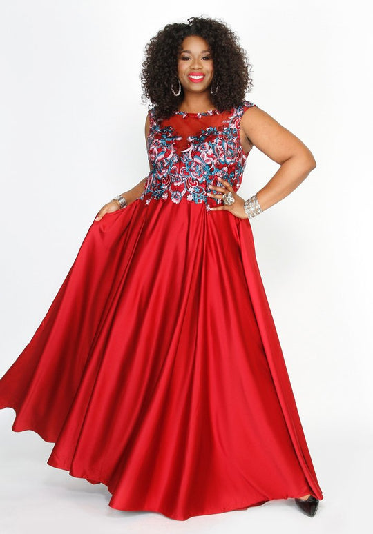 Kurves by Kimi - Floral Embroidered Bateau Neck Long A-line Dress 7000 In Red