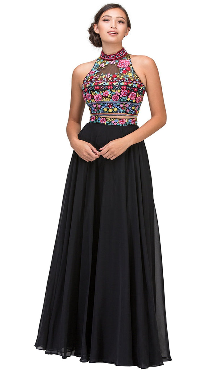 Two Piece Floral Embroidered Chiffon A-line Evening Dress