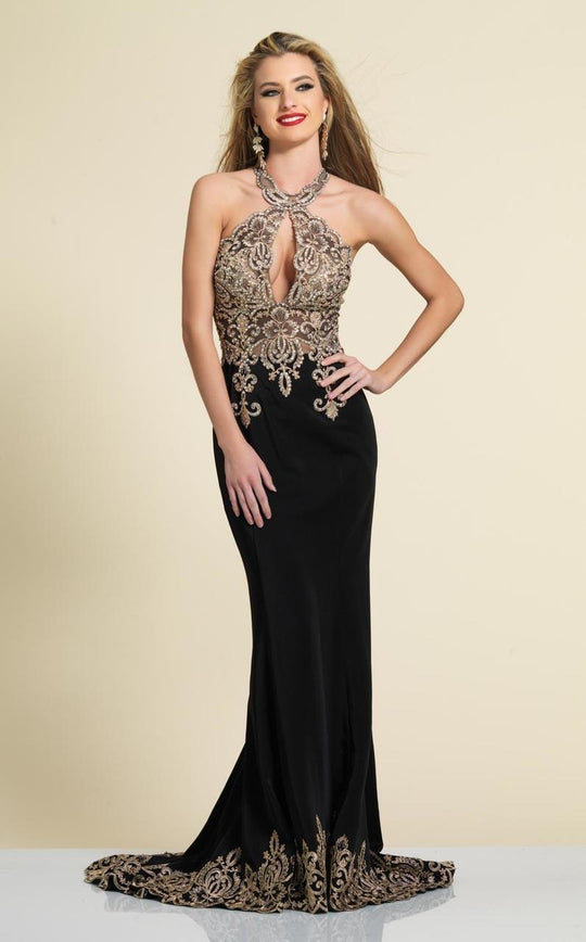 Dave & Johnny - 2325 Keyhole Cutout Scalloped Halter Gown in Black