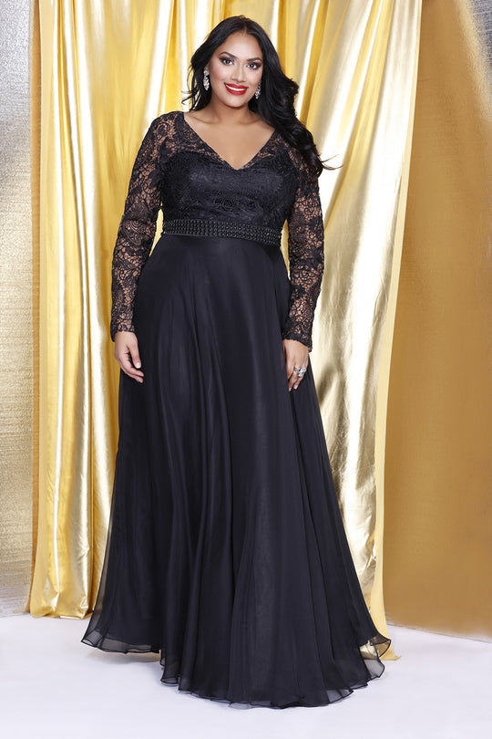 Kurves by Kimi - Beaded and Laced Long Sleeve V-neck A-line Dress 7002 In Black