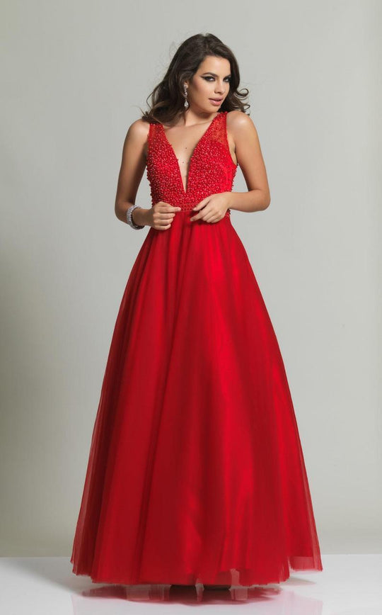 Dave & Johnny - 2503W Pearl Accented Deep V-neck A-line Dress in Red