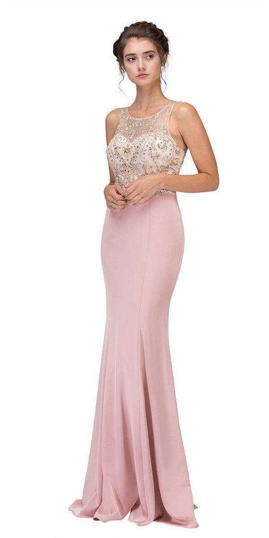 Eureka Fashion - 7022 Beaded Illusion Scoop Mermaid Dress In Pink