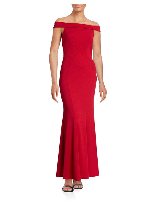 Cachet - 57824 Off Shoulder Jersey Long Dress in Red
