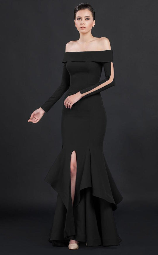 MNM Couture - Ruffled Off Shoulder Trumpet Gown N0043 in Black