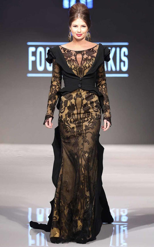 MNM Couture - 2286 Long Sleeves Lace Long Dress with Waistcoat in Black