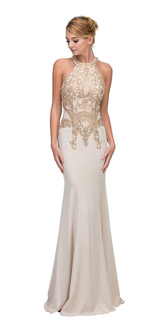 Eureka Fashion - 7033 Embroidered Appliqued Mermaid Gown In Neutral and Gold