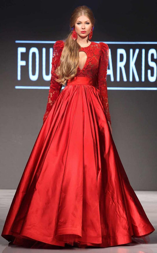 MNM Couture - 2306 Lace Long-sleeves Pleated Evening Gown in Red