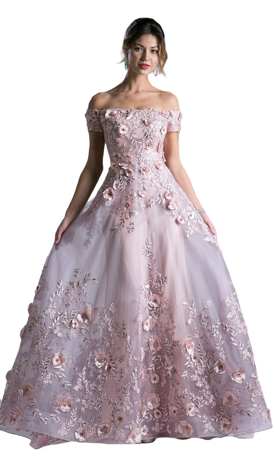 Cinderella Divine - 7051 Floral Applique Off-Shoulder Dress In Pink