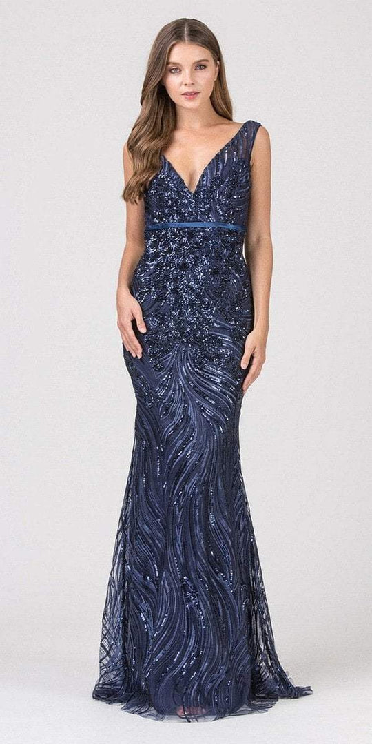 Eureka Fashion - 7070 Sequined Plunging V Neck Mermaid Dress In Blue