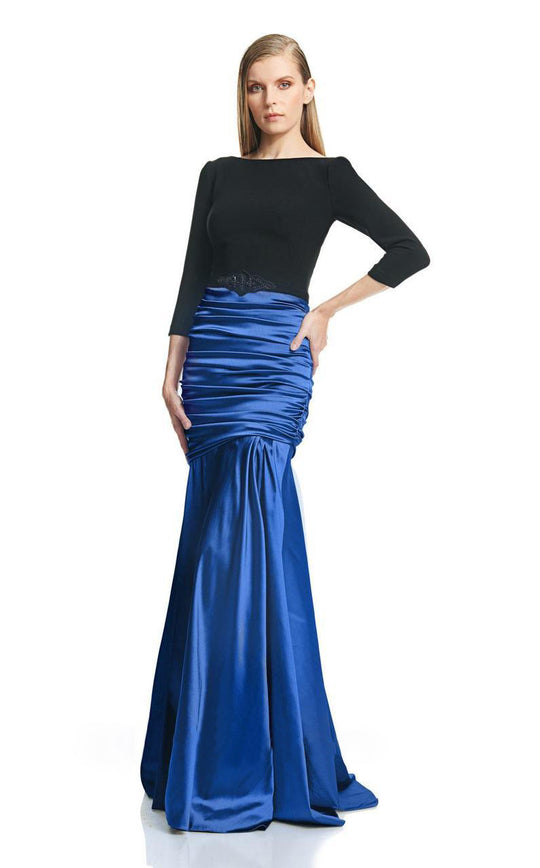 Theia  - 882619 Bateau Neck Quarter Length Sleeves Long Gown in Blue and Black
