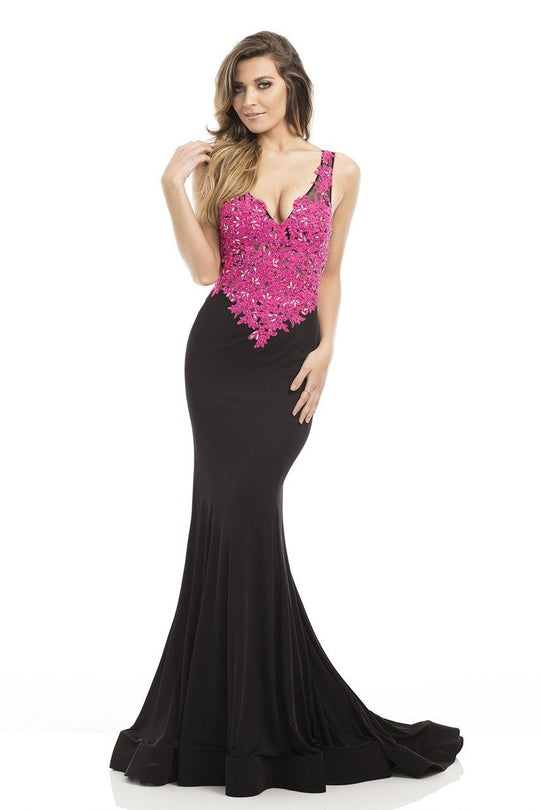 Johnathan Kayne - 7083 Lace V-neck Mermaid Dress in Black and Pink