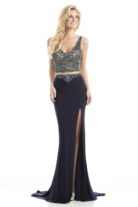 Johnathan Kayne - 7088 Two-Piece Opulent Crop Top Slit Gown in Blue