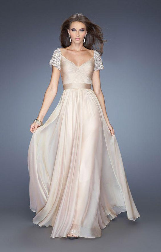 La Femme - 20390 Bejeweled V-neck Ruched A-line Dress In Neutral