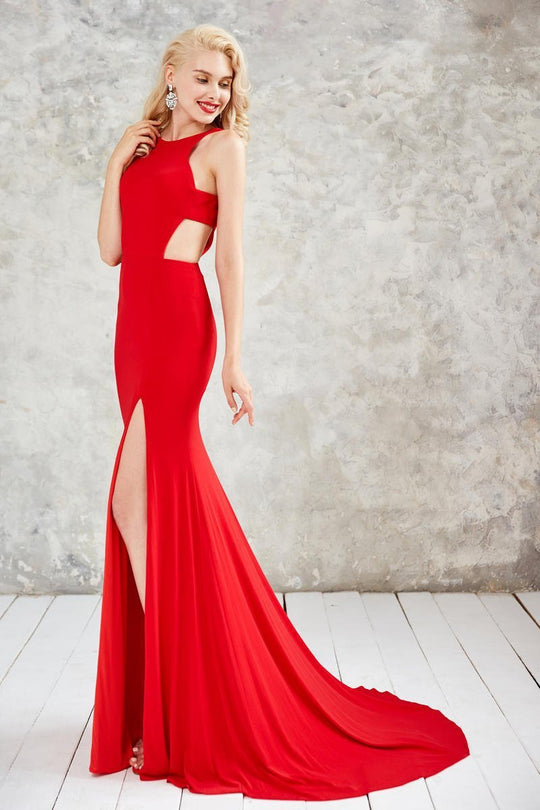 Angela & Alison - 71006 Pleated Halter Trumpet Dress In Red